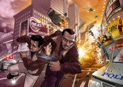 2boys aircraft car city cityscape deviantart explosion fire grand_theft_auto grand_theft_auto_iv gun helicopter holding holding_gun holding_weapon male_focus motor_vehicle multiple_boys niko_bellic patrick_brown police police_car roman_bellic running smoke weapon