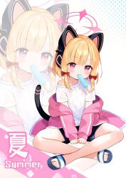 Rule 34 | 1girl, alternate costume, animal ear headphones, animal ears, blonde hair, blue archive, bow, commentary, fake animal ears, food, food in mouth, hair bow, halo, headphones, highres, jacket, momoi (blue archive), pink halo, popsicle, red bow, sandals, shirt, shorts, solo, tail, white shirt, zcx, zoom layer