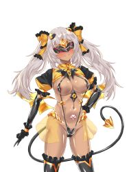 Rule 34 | 1girl, absurdres, areola slip, black gloves, black one-piece swimsuit, black thighhighs, blush, bow, breasts, corruption, dark-skinned female, dark persona, dark skin, duel monster, elbow gloves, frills, gears, girls&#039; frontline, gloves, grey hair, hair bow, hair ornament, hand on own hip, highres, large breasts, logia13laplace, long hair, mask, navel, one-piece swimsuit, pubic tattoo, puffy short sleeves, puffy sleeves, short sleeves, shrug (clothing), simple background, slave, slingshot swimsuit, smile, solo, swimsuit, tail, tattoo, thighhighs, tongue, tongue out, transparent background, ts magical girl nao, twintails, ump9 (girls&#039; frontline), variant set, white hair, wings