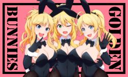 3girls :d ;d ahoge animal_ears arm_around_waist text_background bare_shoulders black_border black_bow black_bowtie black_gloves black_leotard blue_eyes blush border bow bowtie breasts brown_legwear ccg842000 cleavage commentary_request covered_navel cowboy_shot detached_collar elbow_gloves english_text fake_animal_ears fake_tail gloves green_eyes hachimiya_meguru hand_up highres hoshii_miki idolmaster idolmaster_(classic) idolmaster_cinderella_girls idolmaster_shiny_colors large_breasts leotard looking_at_viewer multiple_girls ohtsuki_yui one_eye_closed open_mouth outside_border pantyhose parted_bangs pink_background playboy_bunny ponytail rabbit_ears rabbit_tail sidelocks smile strapless strapless_leotard tail teeth trait_connection upper_teeth_only v waving