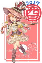 1girl 2017 animal animal_on_head arm_warmers ascot bare_shoulders bird blush brown_dress brown_eyes brown_hat brown_shoes chicken chinese_zodiac colored_eyelashes detached_sleeves dress female_focus full_body hair_between_eyes hand_up hat hexagram highres holding holding_wand keyhole komase_(jkp423) leg_warmers long_hair looking_at_viewer low-tied_long_hair low_twintails nest on_head one_eye_closed open_mouth orange_hair original outstretched_arm pinky_out pointy_ears pom_pom_(clothes) rooster shoes sleeveless sleeveless_dress solo speech_bubble standing standing_on_one_leg twintails wand wide_sleeves witch_hat year_of_the_rooster
