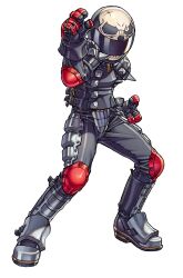 Rule 34 | 1girl, clenched hands, covered face, edaki shin&#039;ya, elbow pads, fighting stance, full body, game cg, gloves, helmet, highres, jacket, justice gakuen, kazama akira, knee pads, leather, leather pants, looking at viewer, moero! justice gakuen, motorcycle helmet, non-web source, official art, pants, shin guards, simple background, skull print, solo, spikes, studded jacket, white background