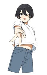 Rule 34 | 1boy, :p, ;p, black eyes, black hair, blue pants, cowboy shot, cropped legs, denim, hair between eyes, higa (shota oni), jeans, looking at viewer, male focus, midriff, midriff peek, nakayama miyuki, navel, official art, one eye closed, original, osugaki, pants, shirt, short hair, short sleeves, shota oni, simple background, smile, solo, t-shirt, tongue, tongue out, v, white background, white shirt