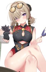 1girl absurdres ahoge black_gloves blush border breasts brown_hair china_dress chinese_clothes clothing_cutout crossed_legs dress eyewear_on_head fingerless_gloves gloves grey_background hair_over_one_eye hand_fan heart highres holding holding_fan looking_at_viewer medium_breasts nagomi_yayado purple_eyes simple_background single_glove sitting sleeveless sleeveless_dress smile solo sweety_(zenless_zone_zero) tinted_eyewear tuanshan white_background yellow-tinted_eyewear zenless_zone_zero