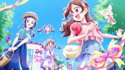 Rule 34 | 3girls, :3, :d, :o, ahoge, anime screenshot, aokaze nana, arm up, bag, balloon, black hair, blue eyes, blue hair, blue shirt, blue skirt, blue sky, blush, blush stickers, bottle, bow, bracelet, brown hair, brown hat, building, clear sky, closed eyes, clothes around waist, collared shirt, colored lineart, creature, day, dot nose, english text, eyecatch, floating, hair between eyes, hand up, hat, high-waist skirt, highres, holding, holding bow (ornament), jacket, jacket around waist, jewelry, kimi to idol precure, legs apart, long hair, long sidelocks, long skirt, looking ahead, looking at another, looking back, medium skirt, meroron (precure), multicolored hair, multiple girls, non-web source, official art, one eye closed, open mouth, outdoors, perfume bottle, pink ribbon, pink shirt, precure, puffy short sleeves, puffy sleeves, purirun (precure), purple eyes, purple hair, purple jacket, purple shirt, red eyes, ribbon, sakura uta (precure), san (mononoke hime), shigure kokoro, shirt, short sleeves, shoulder bag, sidelocks, skirt, sky, smile, standing, standing on one leg, straight hair, striped clothes, striped shirt, teeth, tree, twintails, two-tone hair, two-tone shirt, upper teeth only, v arms, vertical-striped clothes, vertical-striped shirt, wavy hair, wavy sidelocks, white shirt, yafuu, yellow bag, yellow ribbon