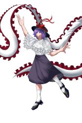 Rule 34 | 1girl, absurdres, arm up, black footwear, black hat, black skirt, bow, commentary, english commentary, frilled shawl, frills, full body, hat, hat bow, high heels, highres, nagae iku, purple hair, red bow, red eyes, retro (halfbaked2hu), shawl, shirt, short hair, simple background, skirt, smile, socks, solo, touhou, white background, white shirt, white socks