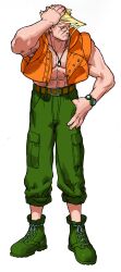 Rule 34 | 1boy, absurdres, belt, bengus, blonde hair, boots, brown eyes, charlie nash, closed eyes, dog tags, game cg, glasses, green boots, green pants, hand on own head, hand on own hip, highres, jacket, male focus, marvel vs. capcom, muscular, muscular male, non-web source, official art, pants, pants rolled up, simple background, sleeveless, solo, street fighter, vest, watch, white background, wristwatch, x-men vs. street fighter