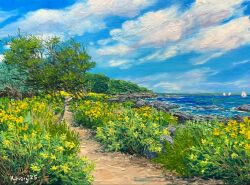 blue_sky boat bush cloud commentary day english_commentary highres kate_avery no_humans ocean oil_painting_(medium) original outdoors painting_(medium) sailboat scenery signature sky traditional_media water watercraft