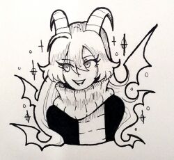 1girl coat cropped_torso demon_girl demon_horns funamusea gallaxi greyscale hair_wings horns lil_(funamusea) long_hair looking_to_the_side monochrome outline scarf shirt solo sparkle traditional_media