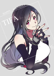 1girl bare_shoulders birthday black_gloves black_hair blush bracelet breasts character_name closed_mouth commentary_request crop_top cropped_torso elbow_gloves final_fantasy final_fantasy_vii final_fantasy_vii_remake fingerless_gloves gloves grey_background happy_birthday interlocked_fingers jewelry large_breasts long_hair looking_at_viewer low-tied_long_hair own_hands_together pink_nails red_eyes signature smile solo suspenders swept_bangs tank_top tifa_lockhart ueto_seri upper_body white_tank_top