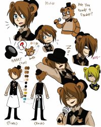 Rule 34 | 2boys, animal ears, apron, arms up, bad id, bad tumblr id, badge, bear ears, black bow, black bowtie, black pants, black vest, blue eyes, bow, bowtie, brown shirt, english text, five nights at freddy&#039;s, five nights at freddy&#039;s 1, freckles, freddy fazbear, golden freddy, grin, highres, korean text, long sleeves, multiple boys, open mouth, pants, personification, pole-bear, shirt, simple background, smile, sweatdrop, translation request, vest, white apron, white background