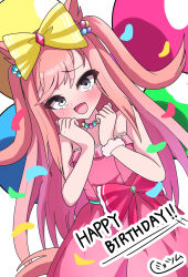1girl absurdres agnes_digital_(umamusume) animal_ears artist_name balloon blue_eyes blush bow breasts dress english_text hair_between_eyes hair_bow hair_ornament highres horse_ears horse_girl long_hair looking_at_viewer md5_mismatch open_mouth pink_hair resolution_mismatch ribbon small_breasts solo source_smaller tsu_1020 umamusume white_background