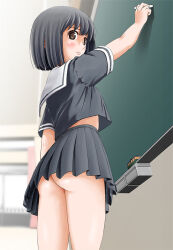 1girl ass black_hair black_shirt black_skirt blush chalk chalkboard classroom closed_mouth cowboy_shot female_focus from_side holding holding_chalk indoors looking_at_viewer no_panties original pleated_skirt sailor_collar school_uniform serafuku shirt short_hair short_sleeves skirt solo takapi_(chimee_house) thighs