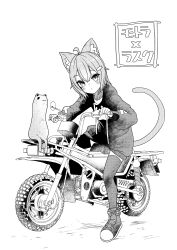 1girl absurdres ahoge animal animal_ear_fluff animal_ears blush cat cat_ears cat_girl cat_tail closed_mouth fish_hair_ornament food-themed_hair_ornament full_body greyscale hair_between_eyes hair_ornament highres hood hood_down hooded_jacket hoodie jacket kuroinu_youhei long_sleeves looking_at_viewer medium_hair monochrome motor_vehicle motorcycle nekomata_okayu puffy_long_sleeves puffy_sleeves rusk_(komado_booth) shirt shoes short_hair sneakers solo tail thighhighs vrchat white_background