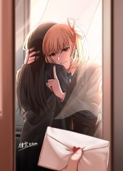 1other 2girls black_hair blonde_hair collared_shirt commentary_request finger_to_mouth grey_jacket hair_ribbon hand_in_another&#039;s_hair hand_on_another&#039;s_waist highres hug inoue_takina jacket kurokawa_rikuu letter long_hair looking_at_viewer love_letter lycoris_recoil multiple_girls nishikigi_chisato one_side_up parted_lips pov red_eyes red_ribbon ribbon school_uniform shirt short_hair shushing smile white_shirt yuri