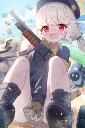1girl aoba_(blue_archive) blue_archive blush boots covering_crotch covering_privates gloves gun halo hat highres holding loli long_sleeves looking_at_viewer mikumiku37 open_mouth red_eyes skirt solo sweat thighs twintails weapon yellow_halo
