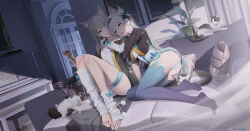 2girls absurdres animal_ears black_bow black_bridal_gauntlets black_hairband black_jacket blue_eyes blush bow breasts bridal_gauntlets cat_ears cat_girl chinese_commentary collarbone commentary_request couch firefly_(honkai:_star_rail) food green_skirt green_thighhighs grey_hair hair_between_eyes hair_bow hairband hand_around_neck highres holding holding_food holding_ice_cream holding_ice_cream_cone honkai:_star_rail honkai_(series) ice_cream ice_cream_cone indoors instrument jacket knees_up large_breasts long_hair looking_at_another multicolored_eyes multiple_cats multiple_girls necktie no_shoes open_mouth panties piano pillow pink_eyes roundschen shade shirt sidelocks signature single_bridal_gauntlet sitting skirt smile socks stelle_(honkai:_star_rail) sweatdrop thigh_strap thighhighs toes trailblazer_(honkai:_star_rail) two-tone_eyes underwear white_hair white_panties white_shirt white_socks yellow_eyes yellow_necktie