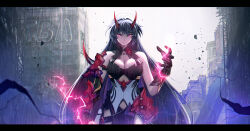 Rule 34 | &gt;:(, 1girl, absurdres, armor, belt, black lightning, blunt bangs, breasts, building, cleavage, colored skin, concrete, destruction, gauntlets, highres, honkai (series), honkai impact 3rd, horns, lightning, lightning glare, loincloth, long hair, medium breasts, nervi fd, purple eyes, purple hair, raiden mei, raiden mei (herrscher of thunder), red lightning, ruins, scaffolding, shoulder armor, tree, v-shaped eyebrows, white skin