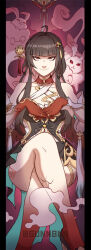 1girl ahoge bare_legs bare_shoulders blunt_bangs brown_hair chinese_clothes closed_mouth colored_extremities colored_inner_hair colored_skin colored_smoke commentary criss-cross_halter criss-cross_straps crossed_legs detached_sleeves dress english_commentary feet_out_of_frame fuyuan_(honkai:_star_rail) gradient_skin hair_ornament halterneck highres honkai:_star_rail honkai_(series) interlocked_fingers jewelry lingsha_(honkai:_star_rail) long_hair looking_at_viewer multicolored_hair multicolored_skin multiple_rings own_hands_together pillarboxed pink_hair red_eyes red_feet red_hands red_skin ring scales smile smoke straight-on sunnbnn tassel tassel_hair_ornament twitter_username two-tone_hair very_long_hair