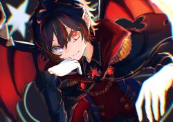 Rule 34 | 1boy, absurdres, bat wings, black background, black hair, brooch, cape, chain, demon, epaulettes, gloves, hand on own cheek, hand on own face, heterochromia, highres, jewelry, looking at viewer, military uniform, pointy ears, purple eyes, red eyes, red streaks, seno ruki, short hair, smile, solo, star (background), star brooch, tartine 12257, upper body, white gloves, wings