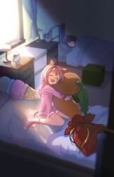 2girls :d ^_^ absurdres alarm_clock animal_ears bed brown_hair christmas clock closed_eyes closed_mouth commentary_request curtains day hair_intakes haru_urara_(umamusume) highres hood hood_down hooded_jacket horse_ears horse_girl horse_tail hugging_object indoors jacket king_halo_(umamusume) long_hair moko39_takasora multiple_girls on_bed open_clothes open_jacket open_mouth pillow pink_hair pink_jacket pink_shorts pink_socks shirt shorts smile socks solo_focus sunlight tail umamusume under_covers white_shirt window