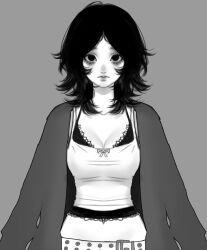 Rule 34 | 1girl, 23i2ko, bags under eyes, belt, black eyes, black hair, black jacket, bra, commentary, english commentary, expressionless, grey background, greyscale, highres, jacket, lace, lace-trimmed bra, lace trim, looking at viewer, medium hair, messy hair, midriff, monochrome, original, shirt, simple background, solo, tank top, tight clothes, tight shirt, underwear, upper body, white tank top