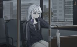 1girl absurdres black_jacket blue_eyes building bus_interior chair cityscape closed_mouth closed_umbrella commentary double-parted_bangs expressionless grey_hair hair_between_eyes hand_on_own_shoulder headphones headphones_around_neck highres jacket kkamkkam long_sleeves on_chair partially_unzipped project_sekai railing rain ringed_eyes road scenery shorts sitting solo track_jacket tree umbrella white_umbrella window yoisaki_kanade zipper zipper_pull_tab