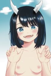 1girl aoki_ruri black_hair blue_sky blush breasts cloud cloudy_sky completely_nude day dragon_girl dragon_horns fangs green_eyes highres horns looking_at_viewer medium_breasts medium_hair miyayuki_azami nengajou new_year nipples nude open_mouth outdoors paw_pose ruri_dragon sky smile solo tongue upper_body variant_set