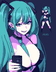 1girl black_bra black_choker blue_background blue_eyes blue_hair blue_nails blue_necktie blue_sleeves bra breasts choker detached_sleeves ear_piercing from_above hatsune_miku highres holding holding_phone large_breasts long_sleeves looking_at_viewer looking_to_the_side multiple_views necktie phone piercing pixel_art pixelcadete smile solo sweat teeth twintails underwear upper_body vocaloid