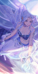 1girl bare_shoulders blue_bra blue_eyes blue_hair blue_scales blue_tail bra bracelet breasts circlet cleavage closed_mouth collarbone commentary_request eyelashes feather-trimmed_bra feather_trim fins fish_tail full_body head_fins highres hydrokinesis infinity_nikki jewelry kneeling kohanai_setsuna lipstick long_hair long_skirt makeup mermaid monster_girl necklace nikki_(series) ocean red_lips rock shore skirt small_breasts smile snowy_ballad_(infinity_nikki) solo strapless strapless_bra tail twitter_username underwear very_long_hair water