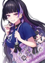 1girl absurdres ahoge bag barbell_piercing black_bow black_collar black_hair blunt_bangs bow braid breasts character_doll collar commentary_request doll ear_piercing earrings eyelashes fingernails gold_earrings grin hair_intakes hair_ornament hair_scrunchie hands_up highres holding holding_bag industrial_piercing itabag jewelry large_breasts linked_piercing long_fingernails long_hair looking_at_viewer meloco_kyoran melove_(meloco_kyoran) multicolored_hair multicolored_nails nail_polish nijisanji nijisanji_en piercing pink_nails print_shirt purple_bag purple_eyes purple_hair purple_nails purple_scrunchie purple_shirt raised_eyebrows scrunchie sekka_(sekka1202) shirt short_sleeves shoulder_bag side_braids simple_background smile solo spiked_ear_piercing streaked_hair t-shirt teeth twin_braids upper_body very_long_hair virtual_youtuber white_background