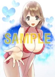 1girl bad_tag bikini blunt_bangs breasts brown_eyes brown_hair cleavage hair_ornament hairpin heart huge_breasts leaning_forward looking_at_viewer narusawa_ryouka navel occultic;nine offering_hand official_art open_mouth outstretched_arm reaching red_bikini sample_watermark science_adventure solo swimsuit watermark