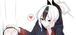0mooide 1boy 1girl artist_name black_hair black_hoodie black_horns blue_archive blush closed_mouth collarbone commentary_request demon_horns doodle_sensei_(blue_archive) earclip full-face_blush grey_halo hair_between_eyes halo hand_on_own_cheek hand_on_own_face head_rest headpat heart highres hood hoodie horns image_in_speech_bubble kayoko_(blue_archive) light_smile long_sleeves mole mole_on_collarbone motion_lines multicolored_hair ponytail red_eyes sensei_(blue_archive) simple_background speech_bubble spoken_heart twitter_username two-tone_hair watermark white_background white_hair zipper