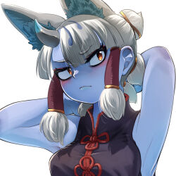 1girl animal_ears arms_behind_head arms_up bare_shoulders black_shirt blush chinese_clothes extra_ears fox_ears fox_girl frown ginkaku_(kemono_friends) hair_between_eyes hair_tubes highres horns kemono_friends kemono_friends_3 mandarin_collar mcgunngu official_alternate_costume quad_tails red_trim shirt short_hair short_twintails sidelocks single_horn sleeveless solo twintails upper_body white_hair yellow_eyes