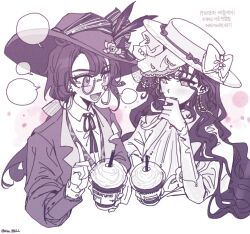 Rule 34 | 2girls, :d, blank speech bubble, bow, collared shirt, cropped torso, cup, disposable cup, drinking straw, flower, glasses, greyscale, hand up, hat, hat bow, hat feather, hat flower, holding, holding cup, isolde (reverse:1999), jacket, juliet sleeves, kakania (reverse:1999), kim 8thhh, korean text, long hair, long sleeves, looking at another, low ponytail, monochrome, multiple girls, neck ribbon, open mouth, picture hat, ponytail, puffy sleeves, purple theme, reverse:1999, ribbon, shirt, smile, speech bubble, talking, translation request, veil