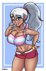 1girl artist_name bakugan blue_eyes blush breasts bursting_breasts cleavage curvy dark-skinned_female dark_skin grey_hair hand_on_own_hip highres julie_heyward large_breasts leaning_forward legs long_hair looking_at_viewer midriff navel necktie one_eye_closed open_mouth ponytail smile tank_top teeth thighs toned tongue wink