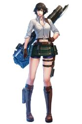Rule 34 | 1girl, bike shorts, black hair, boots, brown gloves, devil may cry (series), gloves, green eyes, hand on own hip, heterochromia, highres, jewelry, kalina ann (weapon), lady (devil may cry), midriff, necklace, official art, red eyes, rocket launcher, sengoku basara, shirt, thigh strap, third-party source, weapon, white shirt