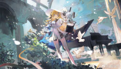 black_bow black_collar black_gloves blonde_hair bow breasts chinese_commentary collar commentary_request gloves grand_piano hair_bow hair_ornament hand_up hat highres instrument pantyhose parted_lips phoebe_(wuthering_waves) piano purple_eyes renyikouminhe shirt skirt small_breasts smile standing tacet_mark_(wuthering_waves) white_hat white_pantyhose white_shirt white_skirt wuthering_waves x_hair_ornament