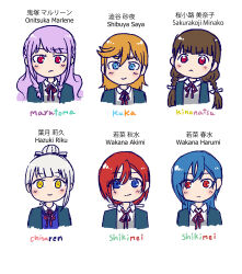 6+girls absurdres arashi_chisato blue_eyes blue_hair blue_jacket blue_sweater_vest blunt_bangs blush braid brown_hair character_name closed_mouth collared_shirt commentary_request cropped_torso crossed_bangs dress dress_shirt expressionless frown grey_dress grey_hair hair_between_eyes hair_bun hair_ribbon hazuki_ren highres icehunting034 if_they_mated ips_cells jacket light_frown long_hair looking_at_viewer love_live! love_live!_superstar!! low_twin_braids low_twintails multiple_girls neck_ribbon onitsuka_natsumi onitsuka_tomari open_clothes open_jacket orange_hair purple_hair red_eyes red_hair red_ribbon ribbon sakurakoji_kinako school_uniform shibuya_kanon shirt short_hair side_braids sidelocks simple_background single_hair_bun single_sidelock smile sweater_vest swept_bangs tang_keke twin_braids twintails wakana_shiki wavy_hair white_background white_ribbon white_shirt wien_margarete winter_uniform yellow_eyes yoneme_mei yuigaoka_school_uniform
