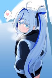 Rule 34 | 1girl, :3, absurdres, ahoge, aokumo rin, blue eyes, bow, breath, closed mouth, colored eyelashes, cowboy shot, from behind, hair bow, hair rings, hand in pocket, heart, highres, jacket, long hair, long sleeves, looking at viewer, looking back, multicolored hair, saho 4545, side ponytail, smile, solo, spoken heart, stellive, streaked hair, very long hair, virtual youtuber, white eyelashes, white hair, white jacket