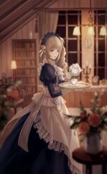 Rule 34 | 1girl, apron, armchair, artist request, ascot, back bow, blue dress, blue eyes, blue hairband, blunt bangs, book, bookshelf, bow, brown hair, candle, candlestand, ceiling light, chair, clock, cup, curtains, dress, drill hair, eyelashes, feet out of frame, flower, game cg, hair bow, hairband, happy, highres, holding, holding teapot, holding tray, indoors, juliet sleeves, lace-trimmed apron, lace-trimmed ascot, lace-trimmed bow, lace-trimmed sleeves, lace hairband, lace trim, lamp, light particles, lolory (shining nikki), long dress, long hair, long sleeves, looking ahead, maid, maid headdress, night, nikki (series), official art, parted lips, pillow, pink flower, pink rose, plant, potted plant, puffy sleeves, rose, saucer, serenade of teresa (shining nikki), shining nikki, side ponytail, sleeve cuffs, smile, solo, standing, table, teacup, teapot, tray, vase, white apron, white ascot, white bow, white sleeve cuffs, window