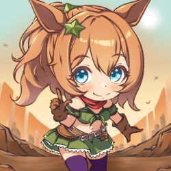 Rule 34 | 1girl, animal ears, bandana, bandeau, bare shoulders, belt, bikini, bikini under clothes, blue eyes, blush, breasts, brown belt, brown gloves, brown hair, chibi, chibi only, cleavage, closed mouth, commentary request, cowboy shot, gloves, green bandeau, green skirt, gun, hair between eyes, hair ornament, handgun, highres, holster, holstered, horse ears, horse girl, horse tail, index finger raised, kaicho (kaicho p), large breasts, medium hair, midriff, navel, outdoors, ponytail, purple thighhighs, red bandana, revolver, skirt, smile, solo, standing, star (symbol), star hair ornament, swimsuit, taiki shuttle (umamusume), tail, thighhighs, umamusume, weapon