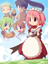 2boys 3girls :d apron black_hair blue_sky brown_capelet brown_eyes brown_hair brown_jacket brown_sash brown_shirt capelet chibi chibi_only closed_eyes closed_mouth cloud dagger day expressionless frilled_apron frills full_body gloves green_hair green_shirt grey_shirt hair_between_eyes high_ponytail holding holding_dagger holding_knife holding_weapon jacket kafra_uniform key_visual knife long_hair long_sleeves looking_at_viewer mage_(ragnarok_online) maid maid_headdress medium_hair merchant_(ragnarok_online) multiple_boys multiple_girls novice_(ragnarok_online) official_art open_mouth outdoors pink_hair ponytail promotional_art puffy_short_sleeves puffy_sleeves purple_eyes ragnarok_online ragnarok_online_kafra_quest reverse_grip riria_(ragnarok_online) shirt short_bangs short_hair short_sleeves sky smile thief_(ragnarok_online) third-party_source turtleneck turtleneck_shirt two_side_up upper_body weapon white_apron white_gloves yuichirou