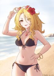 Rule 34 | 1girl, absurdres, artist name, beach, bikini, black bikini, blonde hair, bracelet, christina (princess connect!), christina (real) (princess connect!), dated, day, eyewear on head, front-tie bikini top, front-tie top, hand on own hip, heart, heart-shaped eyewear, highres, horizon, jewelry, long hair, necklace, ocean, outdoors, princess connect!, red eyes, ruinone, side-tie bikini bottom, smile, solo, sunglasses, swimsuit