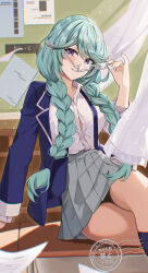 1girl absurdres adversarial_noise aqua_eyes blush braid braided_twintails chromatic_aberration collared_shirt commentary_request crossed_legs curtains epsilon_(kage_no_jitsuryokusha_ni_naritakute!) feet_out_of_frame flying_paper glasses grey-framed_eyewear grey_skirt hair_tubes highres holding holding_removed_eyewear jacket kage_no_jitsuryokusha_ni_naritakute! long_hair looking_at_viewer matsumoto_yuu necktie paper parted_lips partially_unbuttoned pleated_skirt pointy_ears purple_eyes purple_jacket purple_necktie purple_socks rectangular_eyewear removing_eyewear semi-rimless_eyewear shirt sidelocks sitting skirt smile socks solo under-rim_eyewear undone_necktie unworn_eyewear very_long_hair watermark white_shirt wind wing_collar