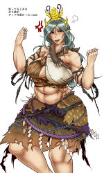 1girl abs absurdres anger_vein antennae blush brass_knuckles breasts brown_skirt chain chirizuka_ubame clenched_hands commentary_request criss-cross_halter feet_out_of_frame fossilized_wonders grey_hair halterneck headpiece highres large_breasts long_hair looking_at_viewer midriff muscular muscular_female navel nose_blush open_mouth pointy_ears purple_eyes rope ryuuichi_(f_dragon) shide shimenawa simple_background skirt solo torn_clothes torn_skirt touhou underboob variant_set weapon white_background