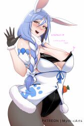 1girl absurdres animal_ears areola_slip black_gloves black_leotard black_pantyhose braid braided_ponytail breasts cosplay don-chan_(usada_pekora) dress fur-trimmed_dress fur-trimmed_gloves fur_trim gloves hair_over_one_eye highres hololive large_breasts leotard leotard_under_clothes looking_at_viewer mature_female myth1carts open_mouth pantyhose pekomama rabbit_ears rabbit_girl smile solo teeth upper_teeth_only usada_pekora usada_pekora_(1st_costume) usada_pekora_(cosplay) virtual_youtuber white_dress