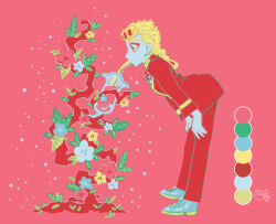 1boy braid carota327 drinking_straw flower giorno_giovanna highres jojo_no_kimyou_na_bouken ladybug_ornament leaning limited_palette male_focus solo standing tree vento_aureo