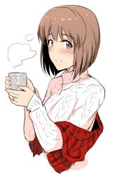 1girl blush brown_eyes brown_hair closed_mouth cropped_torso cup fingernails hagiwara_yukiho highres holding holding_cup idolmaster idolmaster_(classic) jewelry long_sleeves looking_at_viewer necklace ring short_hair simple_background smile solo steam sweater tsurui turtleneck turtleneck_sweater upper_body wedding_ring white_background white_sweater
