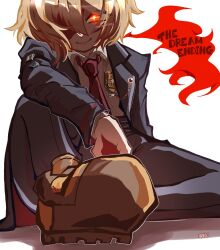 Rule 34 | + +, 1girl, black coat, black pants, blonde hair, brown shoes, coat, collared shirt, don quixote (project moon), full body, highres, limbus company, long sleeves, looking at viewer, necktie, pants, project moon, red eyes, red necktie, shirt, shoes, short hair, simple background, sitting, smile, solo, suisei0708, white background, white shirt